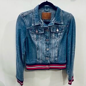 BBJ Los Angeles Denim Jacket with Striped Hem Size Small Red, White & Blue